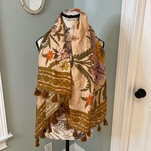 NWT Spartina 449 Tan - Pink - Green Scarf Wrap | floral | fringe | Boho | Travel